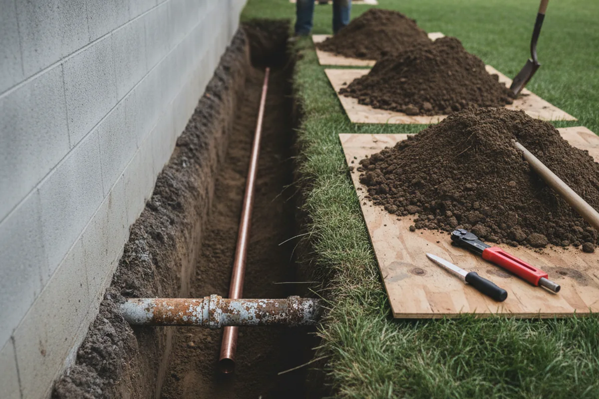 Excavated water line trench during Water Heater Repair in Leburn